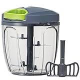 Manuelle Küchenmaschine, Gemüseschneider, kleiner Handzugschnur, Knoblauch-Zwiebelschneider für Gemüse, Ingwer, Obst, Nüsse, Kräuter usw., BPA-frei, lebensmittelechtes Material, 900 ml, Grau