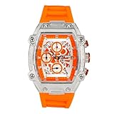ICE STAR Herren-Armbanduhr, 41 mm, Skelett-Zifferblatt, Tonneau-Gehäuse mit Datumsanzeige, Quarzwerk und Silikonarmband, Geschenk bereit, Orange/Abendrot im Zickzackmuster (Sunset Chevron