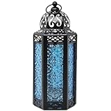 Vela Lanterns Marokkanische Lampenlaterne, dekorativer Kerzenhalter für Innen- und Außenbereich, Heimdekoration, Terrasse, Hochzeiten, schwarzes Metall, blaues Glas, mittelgroß