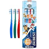 Dr.Best Paw Patrol Zahnbürste, Weich (2 Stück + 1 Stück Gratis), weiche Borsten und kindgerechter Griff Grün, Rot, Orange, Blau