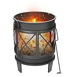Yakimz Feuerschale, Feuerkorb mit Funkenschutz, Metall Feuerstelle Feuerkorb mit Griffen und Schürhaken, für Garten & Terrasse Antik-Rost-Optik Multifunktional Fire Pit Heizung BBQ, 58 x 45 cm