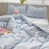 Coverlet Set, Baumwolle Queen Bettdecken-Set, einfache Unifarbe Seersucker Baumwollstreifen Bettwäsche Set 4-teilig Superweiches bequemes und atmungsaktives Heimdekorationsset (Blue 3,Queen)