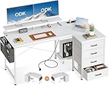 ODK Eckschreibtisch mit 4 Stoff Schubladen, 140x80cm Schreibtisch L Form Reversibler mit USB-Ladeanschluss und Steckdose, L förmiger Schreibtisch mit Monitorablage für Homeoffice, Weiß