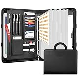 Leathario Schreibmappe A4 mit 5er Register DIN A4，Konferenzmappe mit 4 Ringbuch，Dokumentenmappe mit Reißverschluss，Griff，Klemmbrett,Ordner für Meeting, Business,Mappe für Schule, Uni