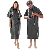 CalmyBEACH Frottee Badeponcho Damen Herren - Surf Poncho 100% Baumwolle Strandponcho mit Reißverschlussfach Kapuze Umziehhilfe Strand Bademantel (S-M, Anthrazit)