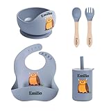 TYRY.HU Kindergeschirr Set mit Namen,Baby Silikon Geschirrset,Einschließen Babyschüsseln mit Saugnapf Löffel und Gabel,Trinkbecher Fütterung,Entwöhnungszubehör für Kleinkinder Babyfütterungsset