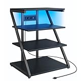 HOOBRO 4-stufiger Audio-Medienständer, HiFi Regal mit Ladestation, TV Rack mit LED-Licht, Entertainment-Center mit 2 Steckdosen und 2 USB-Anschlüssen, Schallplattenständer, Schwarz EBB82CDCJ01