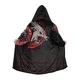 Wikinger Kostüm Herren Kapuzenumhang, 3D-Druck Vikings Valhalla Runen Fenrir Wolf Winter Warmer Kaschmirmantel, Mittelalter Jacke, Norwegen Geschenke(Fenrir Fury,M)