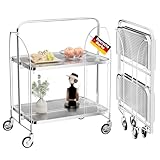 Servierwagen mit Rollen, Servierwagen Klappbar, Dinett 2 Tier Ablagekorb aus Temperglas with Wheels, für Küche, Barwagen, Rollwagen Metall, Teewagen, Weinwagen, moderner Getränkewagen