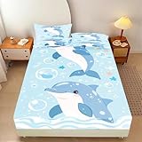 KIDSLOVE Delphin Spannbettlaken 90x190 cm Niedliche Meerestiere Spannbettuch 180x200cm Bis 30 cm Matratzenhöhe Bettlaken Weiche Polyester-Mikrofaser Cartoon Delphin (4,180 x 200 + 30 cm80*80 * 2)