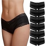 Fabio Farini - 6er Pack Damen Panties Hipster mit verführerischen Spitzendetails - Frauen Unterhosen Brazilian Slips Brasil Spitze Set Unterwäsche 6X Schwarz 36-38