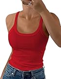 DUOEASE Spaghetti Top Damen Sommer 2025 Gerippt Rundhals Tank Top Basic Einfarbig Slim Fit Stretch Top-Rot-S