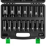 Ginour 17 tlg Schlagschrauber Nüsse Set 1/2 Zoll 10-32mm, CR-Mo 16 tlg Sechskant Kraft Nuss, Stecknuss Set mit 3/8' auf 1/2' Adapter Für pneumatische Schlagschrauber, elektrische Schlagschrauber