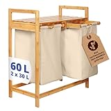 Lumaland Wäschekorb Bambus mit 2 ausziehbaren Wäschesäcken | Pflegeleichtes Material, unempfindlich gegen Nässe und leicht abwischbar | Höhe ca. 73cm x 64cm Breite x 33cm Tiefe [Beige]