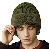 TOP-EX Herren mütze Merino Wollmütze Damen Beanie mit Ohrenklappen Wintermütze Warm Strickmütze mit Fleecefutter hat Wasserdicht Winddicht Wolle hat Fahrrad Ski Outdoor große Köpfe XL/XXL Olivgrün