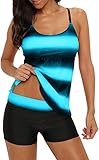 Durio Badeanzug Damen Bauchweg Frau Bademode Badeanzüge Tankinis Tankini mit Hotpants Badebekleidung Zweiteilig mit Streifen,Blaue U. Schwarze Mischung,EU 44 (Etikett XXL)