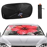 Auto Windschutzscheibe Sonnenschutz Regenschirm Faltbare Frontscheibe Sonnenschutz Auto Sonne Hitze und UV-Strahlen Blocker Rot Hibiskus Auto Sonnenblende Universal Auto Innenraum Zubehör