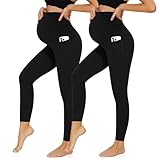 HIPOWER 2er Pack Umstandsleggings Damen High Waist Umstandsmode Weich Schwangerschaftsleggings Blickdicht Sport Umstandshose Elastisch Maternity(Schwarz*2-mit Tasche,2XL)