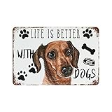 WengBeauty Metall-Blechschild 'Life Is Better with Dogs', Dackel, Aluminiumschild, Heimdekoration, Wandkunst, rustikales Schild für Zuhause, Landhausdekoration, Geschenk für Dackel-Hundeliebhaber
