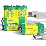 9V Wiederaufladbar Akku, 13500mWh 9V Hohe Kapazität Lithium Akkus, mit USB-C-Schnellladekabel ideal für Rauchmelder, Mikrofon,Alarme,Spielzeug, Taschenlampen,Medizinische Geräte usw (4 Stück)