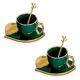 Winlauyet 2er Set Porzellantassen mit Henkel in Blattform, Espressotasse mit Untertassen und Löffel - 165 ml / 5,58 oz