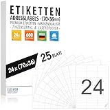 Adressaufkleber 70x36mm (600 Stück - 25 Blatt) Selbstklebend und bedruckbar (24 pro DIN A4 Bogen) mit Inkjet- und Laserdrucker Aufkleber, Drucker Etiketten - MADE IN GERMANY