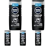 NIVEA MEN Active Clean Duschgel (250 ml), pH-hautfreundliche Pflegedusche mit maskulinem Duft, Männer Duschgel mit Aktivkohle für Körper, Gesicht und Haar (Packung mit 5)
