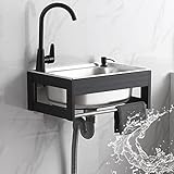 Wandmontierte Edelstahl-Spülbecken mit Wasserhahn-Ablauf und Handtuch-Hängestange, platzsparende Küchen- und Wäschestation, Aluminiumhalterung, einfaches Schüssel-Design