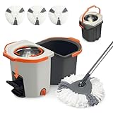 Wischmopp Set mit Eimer, Bodenwischer Komplett Set mit verstellbarem Edelstahlstiel & Fußpedal, faltbarem Putzeimer mit Auswringfunktion, 3 Mikrofaser Pads, freihändiges Auswringen für Laminat Fliesen