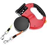 QWORK® 3 Meter Hundeleine doppelleine mit LED-Licht, verwicklungsfreie 360°-Nylonleinen für Zwei Hunde (jeweils bis zu 8 kg), EIN-Knopf-Verriegelung, Rot, Keine Batterien enthalten