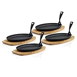 BBQ-Toro Gusseisen Servierpfännchen mit Holzunterlage (4 Stück) | 27 x 18 x 3 cm - oval | bereits eingebrannt - preseasoned | Grillpfännchen mit abnehmbarem Griff | Gusseisenpfanne, Paella Pfanne