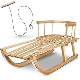 Kinderschlitten 90 cm mit Rückenlehne - Holzschlitten aus massivem Buchenholz - Rodelschlitten Schneeschlitten Davoser mit Leine & Griff - robuste Kufen mit Leichtlauf-Stahlkufenbeschlägen