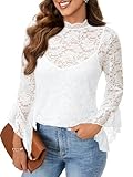 Vrtige Damen Elegante Spitzenbluse Stehkragen Glocke Langarm Sheer Bluse Shirt Top, Weiss/opulenter Garten, Mittel