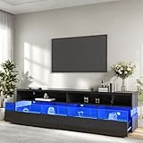 RTYUSWL Schwarzer LED-TV-Ständer, 173,5 cm, moderner Hochglanz-TV-Konsolentisch, Wohnzimmer-TV-Ständer mit 2 Fächern und 4 großen Schubladen, moderner TV-Schrank für Wohnzimmer, Schlafzimmer