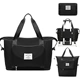 Reisetasche für Frauen Weekender Übernachtungstasche Handgepäck Sporttasche Turnbeutel Wasserdicht Faltbare Seesack, schwarz, Faltbar
