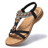 Littleplum Damen Sandalen Freizeit Flach Sandalette mit Strass Perlen Bohemia Strand Schuhe SKT8627E,A Schwarz 39 EU