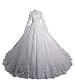 Shoudian Damen Elegant Spitze Langarm Brautkleider Ballkleider Braut Sexy High Neck Lace Up Abendkleider Partykleid, weiß, 32