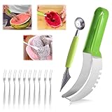 JJYHEHOT Melonenschneider, Edelstahl Wassermelonenschneider, Watermelon Cutter Slicer, Obstschnitzmesser mit Obst Gabel, Multifunktionale Melonenausstecher für Zuhause, Party, Camping