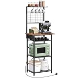 MAHANCRIS Küchenregal mit Steckdosen, Standregal, Bäckerregal, 35 x 48 x 135 cm, 4 S-Haken, Kaffeebar-Station mit Flaschenhalter und Haken, Vintagebraun und Schwarz ABRHR23UE01