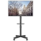 BONTEC TV Ständer auf Rollen, Neigbar, Höhenverstellbarer Rollbarer TV Ständer Rollbar mit Medienablage für 23–60 Zoll LED, LCD, OLED-Flach- und Gebogene Fernseher, hält bis zu 25 kg