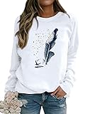 Dresswel Pullover Damen Feder Drucken Sweatshirt Langarmshirt Rundhals Langarm Shirts Herbst Winter Pulli Tops Oberteile Bluse(Weiß,XL)