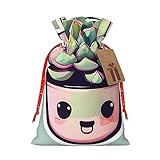 RLDOBOFE Smiling Succulents Christmas Gift Bags Drawstring Goody Gift Bags with Tags Xmas Candy Bags Reusable Gift Wrapping Bags Santa Bag Holiday Party Favors Bags
