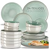 tectake® 24-teiliges Tafelservice 6 Personen, Steingut Geschirrset 6 Personen, handgefertigtes Teller Set mit Schüsseln, Geschirr Set spülmaschinen- und mikrowellengeeignet - Mid Sea
