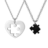 Fu You 2 Stücke Edelstahl Freundschaft Anhänger Kette für Liebe Herren Damen Verliebte Paare Anhänger Halskette Puzzle Anhänger Herz, Kette Paare Herz, Herz Kette Anhänger Paare Puzzle Silber Schwarz
