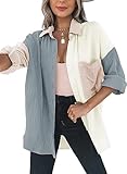 Dokotoo Bluse Damen Musselin Langarmshirt Baumwolle Lässig Oberteile Hemd Langarm Farbblock Shirts Einfarbig Tops Hemdjacke Grau S