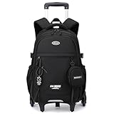 Amythe Schulrucksack mit Rollen für Teenager, 6-Rad Abnehmbarer Trolley Schulranzen, Lässig Rucksack Großes Volumen für Laptop, Wasserabweisender Schultasche für Jungen ab 10 Jahre, Schwarz