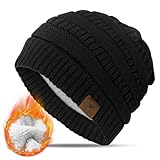 KEECOW Damen Strickmütze Beanie, Mütze Damen Winter, Double Fleece Line Warme Thermal Beanie Atmungsaktivem und Leichtem für Ski Sport Outdoor (DE/NL/SE/PL, Numerisch, 50, 56, Schwarz)