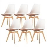 H.J WeDoo 6 Stück Esszimmerstühle, skandinavisch, Klassische Küchenstühle mit Kissen aus Leder, Braun & Massivholz, Weiß & Braun