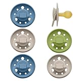 Goldstück – Schnuller rund | 0-6 Monate | 6er Pack | Stillfreundlicher, zahnfreundlicher Schnuller mit weichem Latexsaugteil, Greifring und optimaler Belüftung der Babyhaut, Blau/Grün/Beige