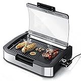 Arendo - Gourmet Tischgrill Elektrogrill Edelstahl - 1800 W - mit Glasabdeckung - für Balkon Garten Indoor - Antihaftbeschichtung - Temperaturregelung mit 5 Stufen - GS-zertifiziert - BPA-frei